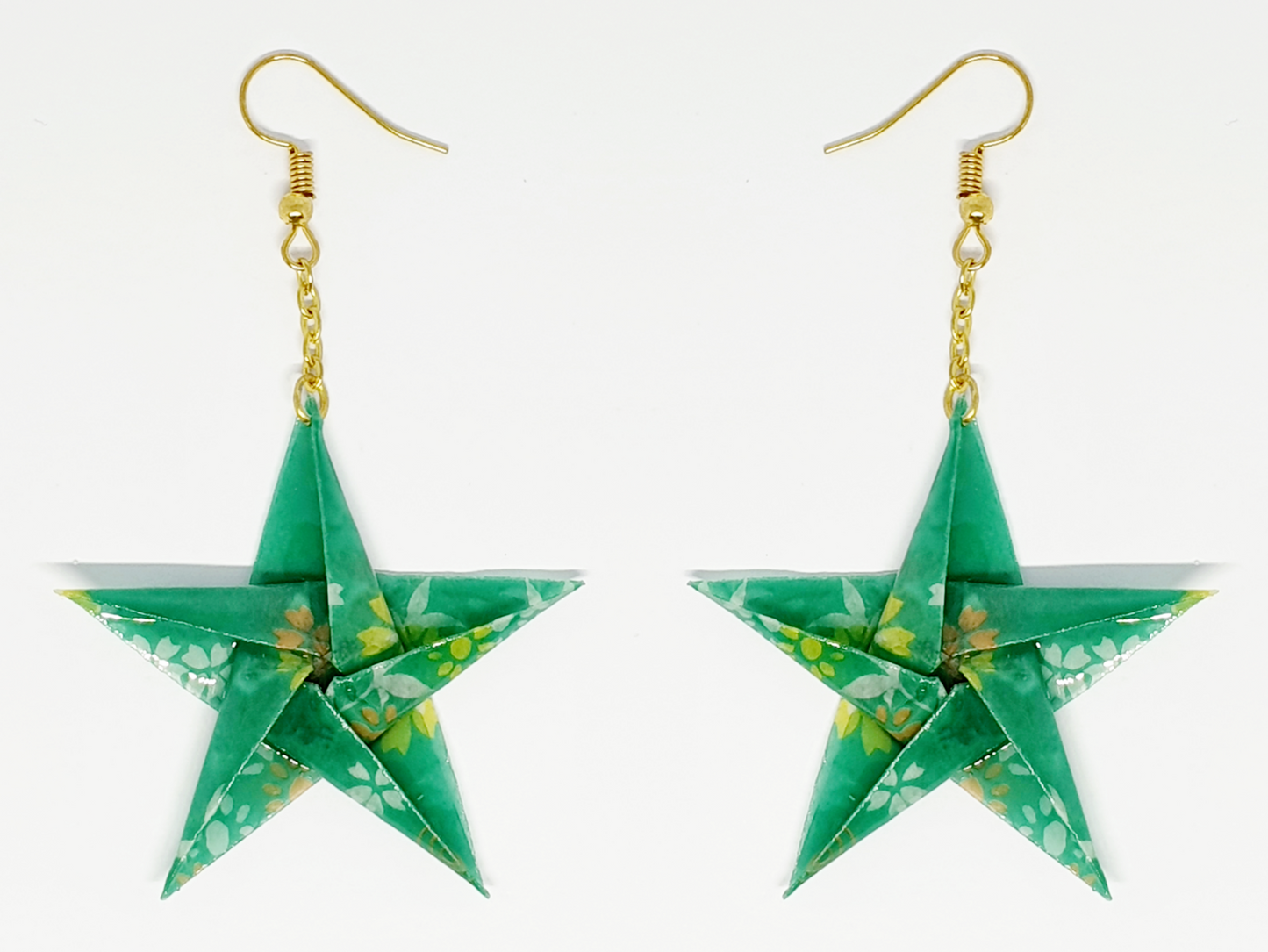 Green Floral Origami Star Drop Earrings