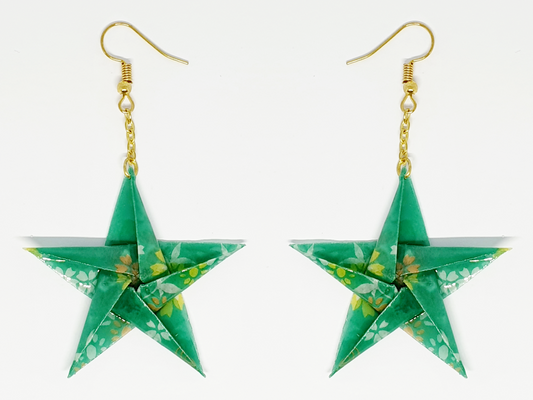 Green Floral Origami Star Drop Earrings