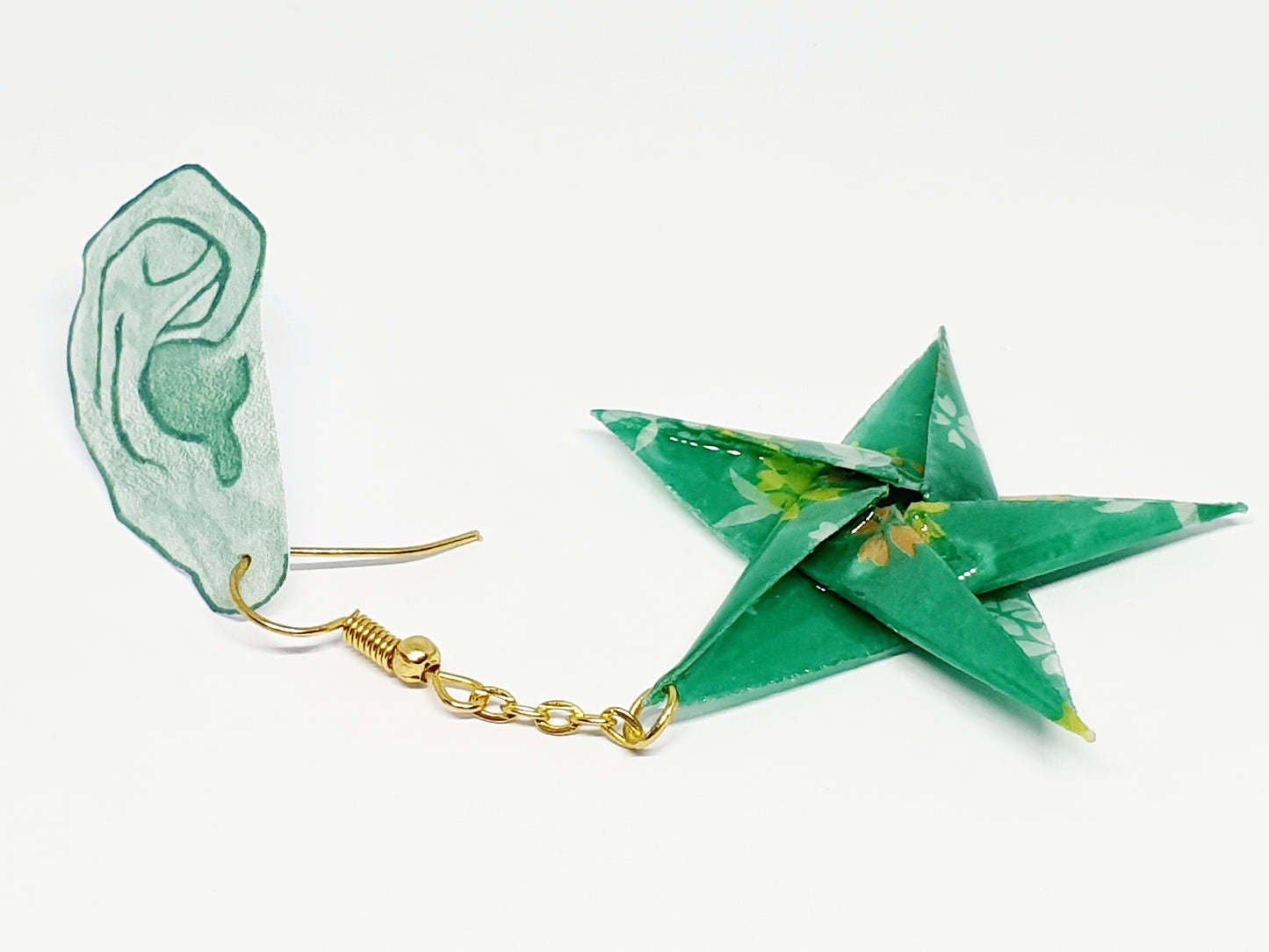 Green Floral Origami Star Drop Earrings