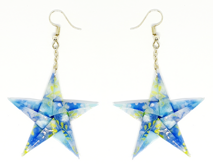 Blue Floral Origami Star Drop Earrings