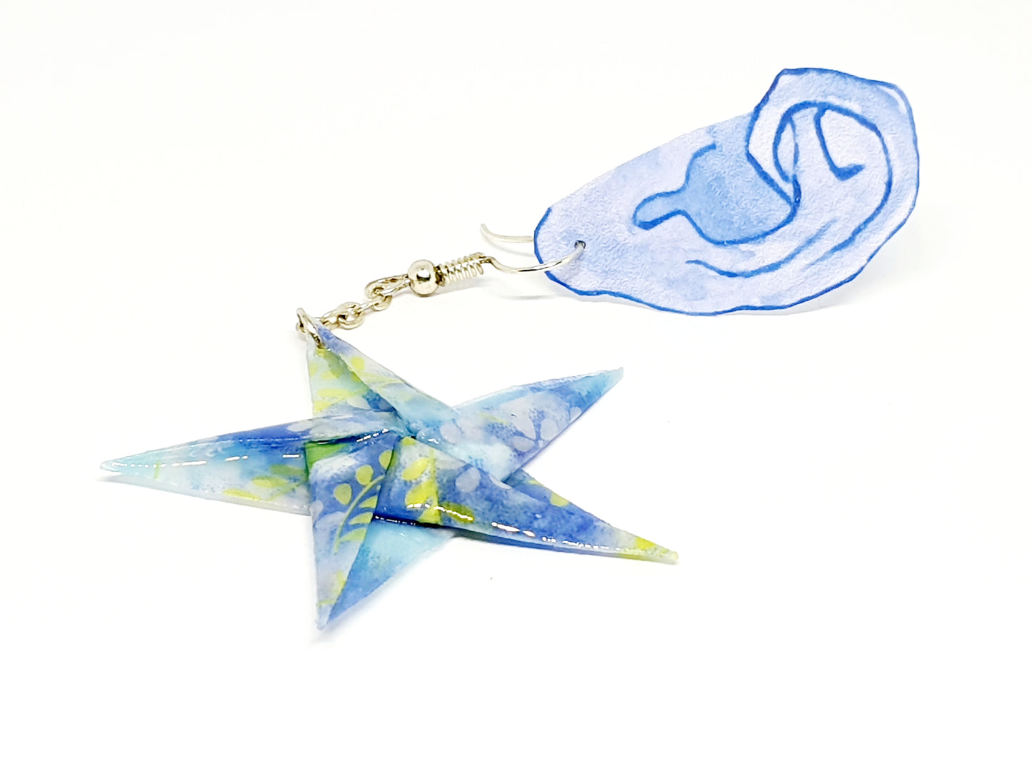 Blue Floral Origami Star Drop Earrings