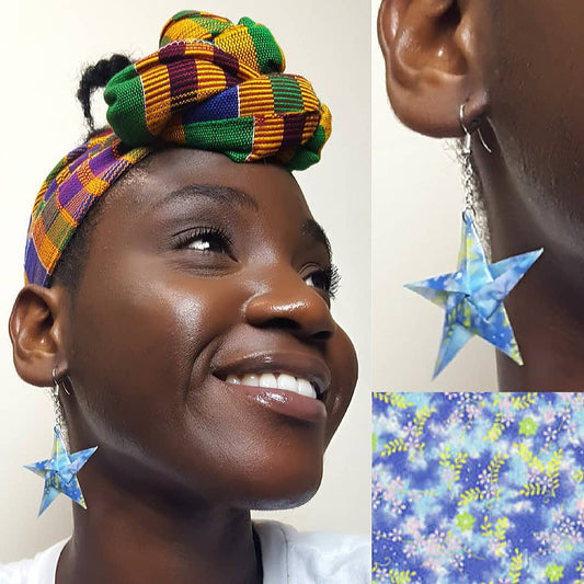Blue Floral Origami Star Drop Earrings
