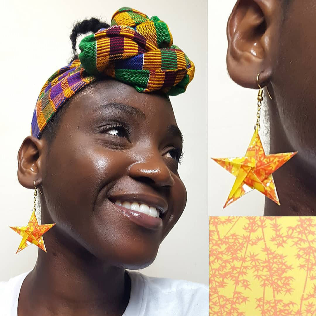 Yellow Bamboo Origami Star Drop Earrings
