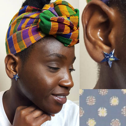 Woman wearing colorful headwrap and star-shaped earrings with close-up of earrings and fabric pattern.